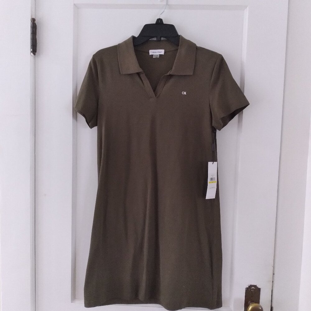 Olive green Calvin Klein collared tshirt dress, size Medium, new with tags